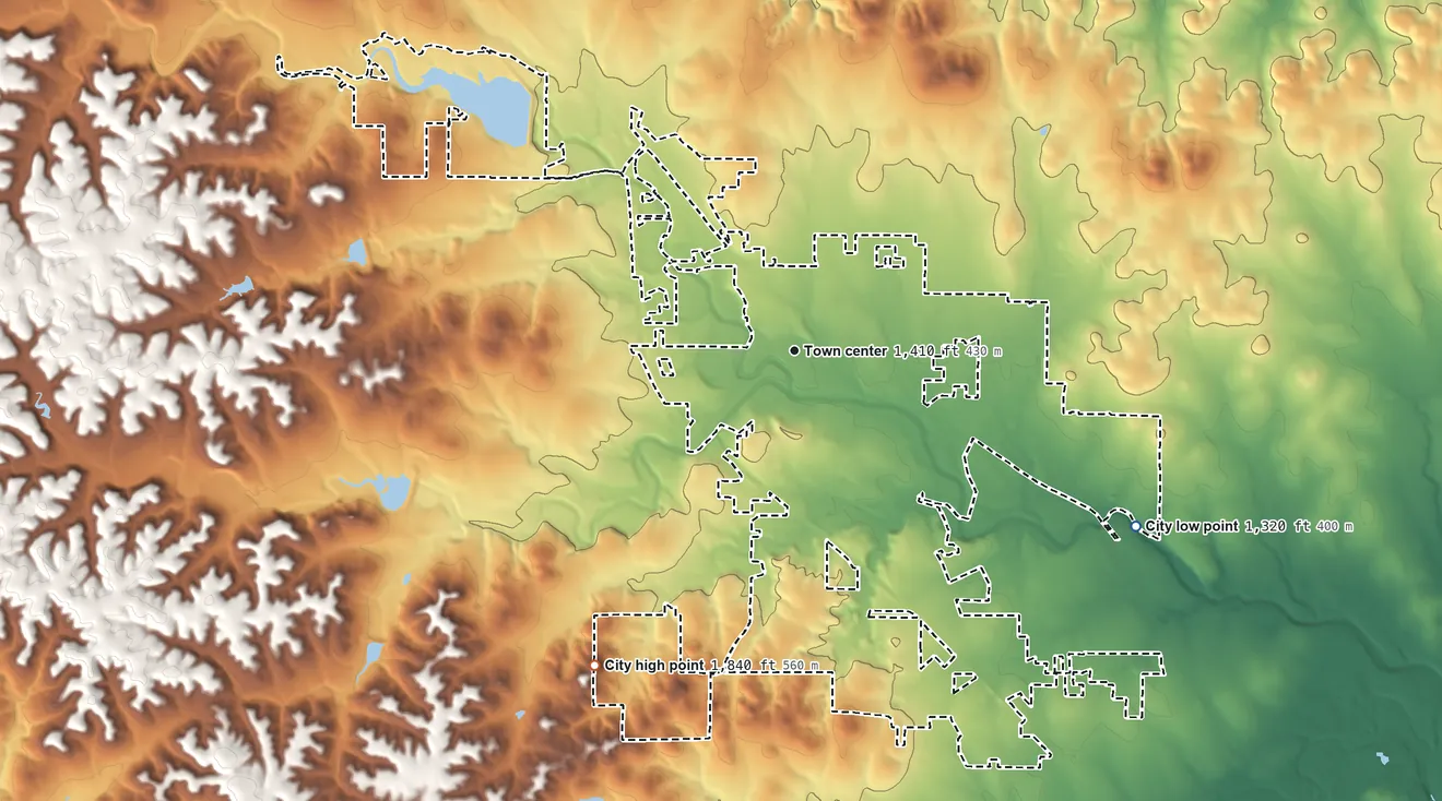 Topographic elevation map of Boerne, Texas, shaded from 1,320 ft on the southeast side to 1,840 ft on the southwest side