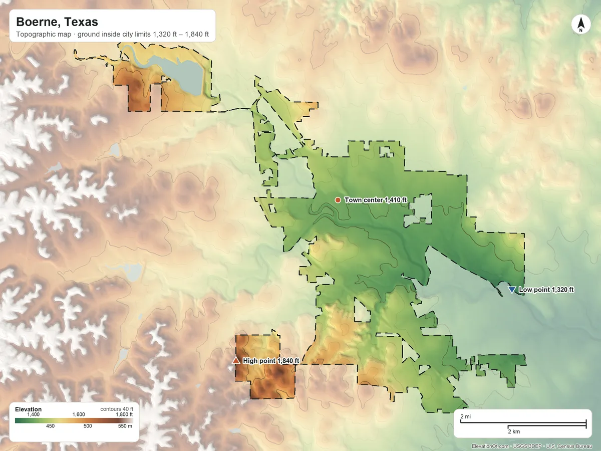 Topographic elevation map of Boerne, Texas, shaded from 1,320 ft on the southeast side to 1,840 ft on the southwest side