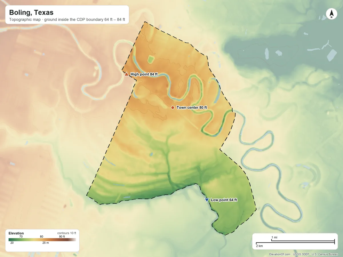 Topographic elevation map of Boling, Texas, shaded from 64 ft on the south side to 84 ft on the northwest side