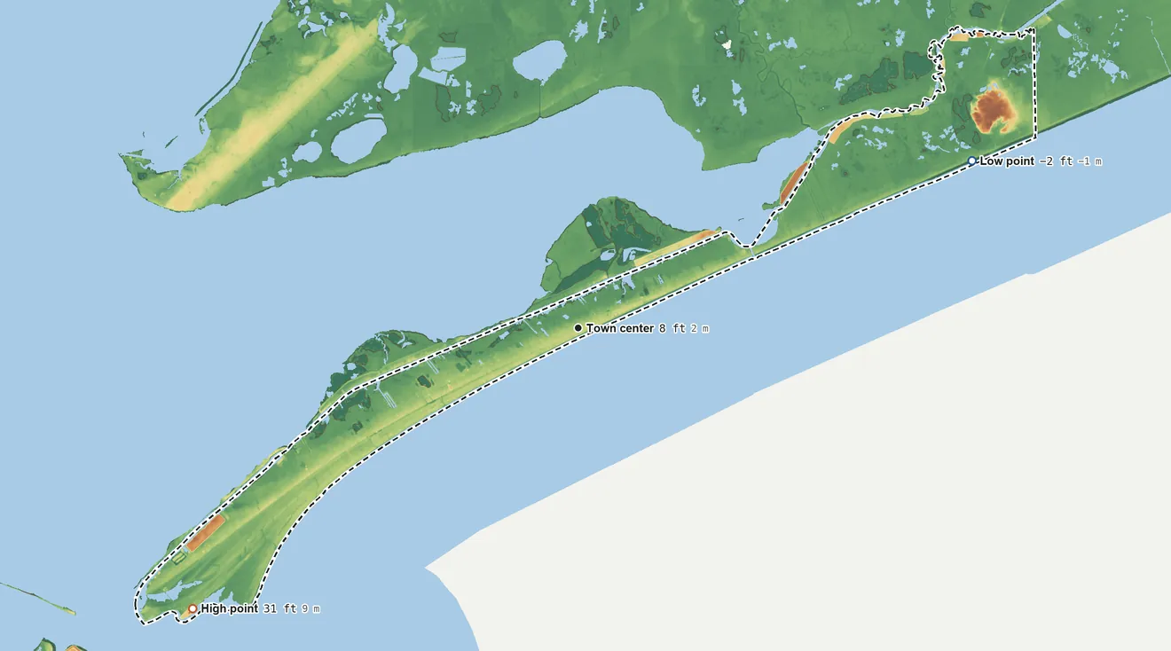 Topographic elevation map of Bolivar Peninsula, Texas, shaded from −2 ft on the northeast side to 31 ft on the southwest side