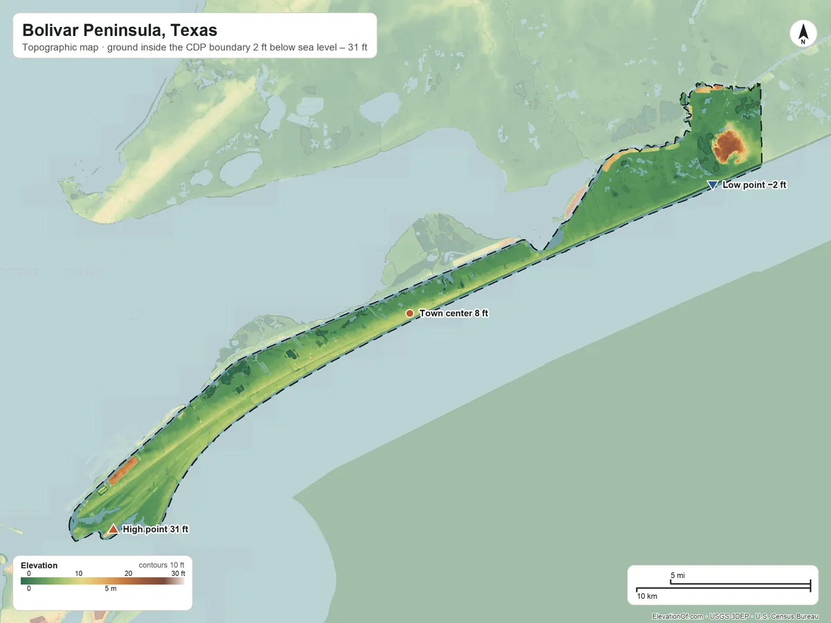Topographic elevation map of Bolivar Peninsula, Texas, shaded from −2 ft on the northeast side to 31 ft on the southwest side