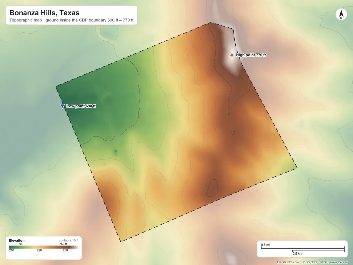 Topographic elevation map of Bonanza Hills, Texas, shaded from 690 ft on the west side to 770 ft on the northeast side
