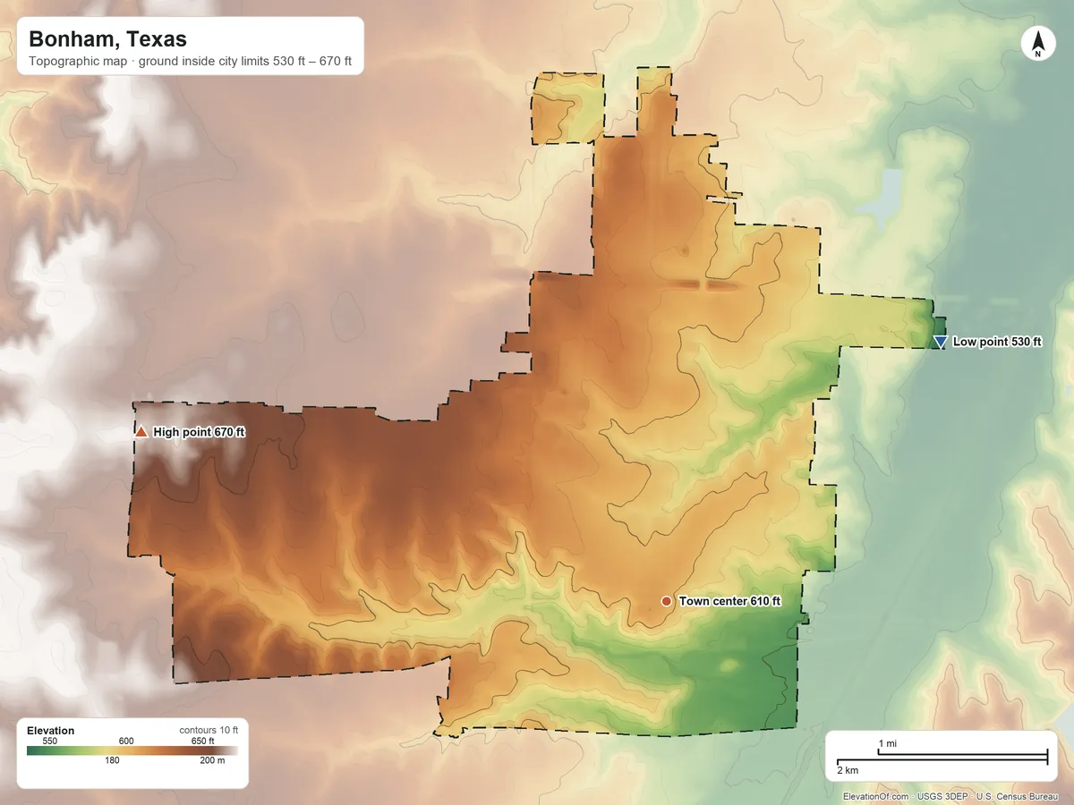 Topographic elevation map of Bonham, Texas, shaded from 530 ft on the northeast side to 670 ft on the west side