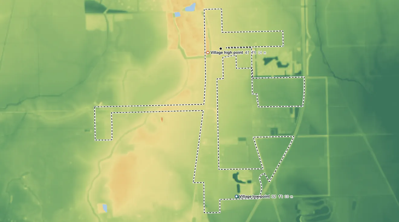 Topographic elevation map of Bonney, Texas, shaded from 32 ft on the south side to 47 ft near the middle