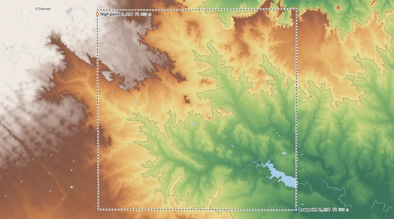 Topographic elevation map of Borden County, Texas, shaded from 2,230 ft on the southeast side to 2,990 ft on the northwest side
