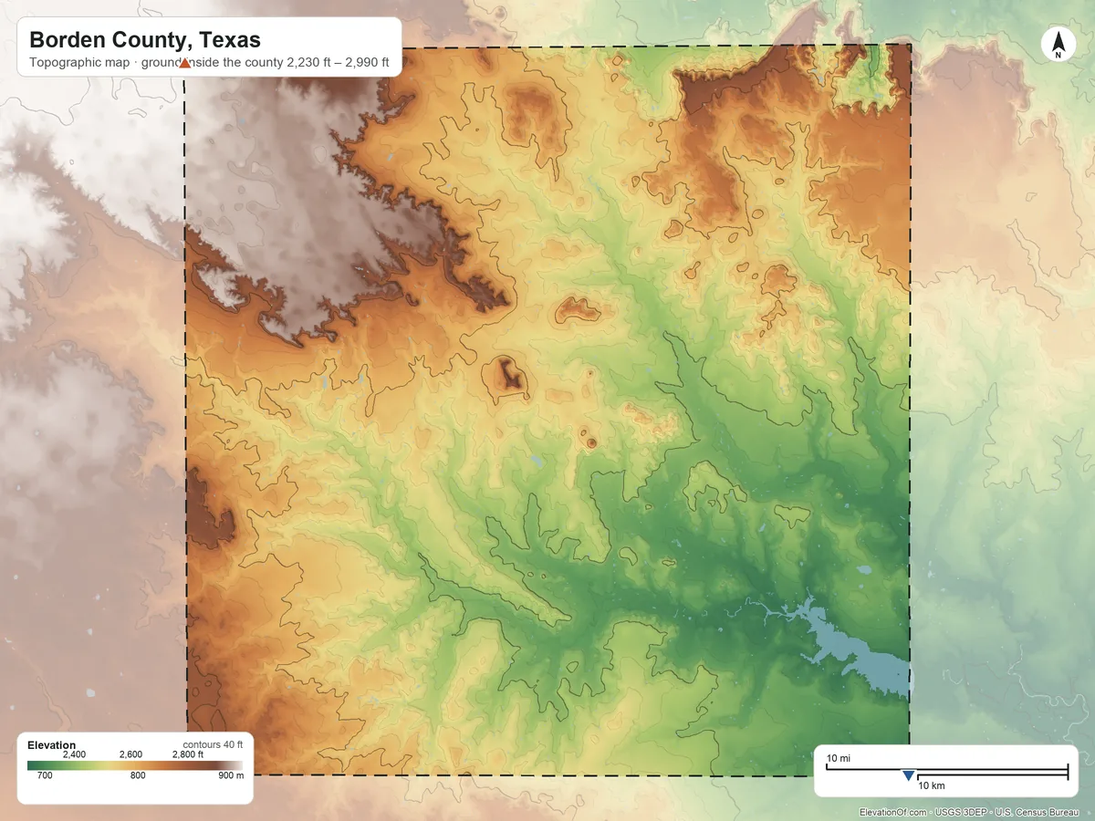 Topographic elevation map of Borden County, Texas, shaded from 2,230 ft on the southeast side to 2,990 ft on the northwest side