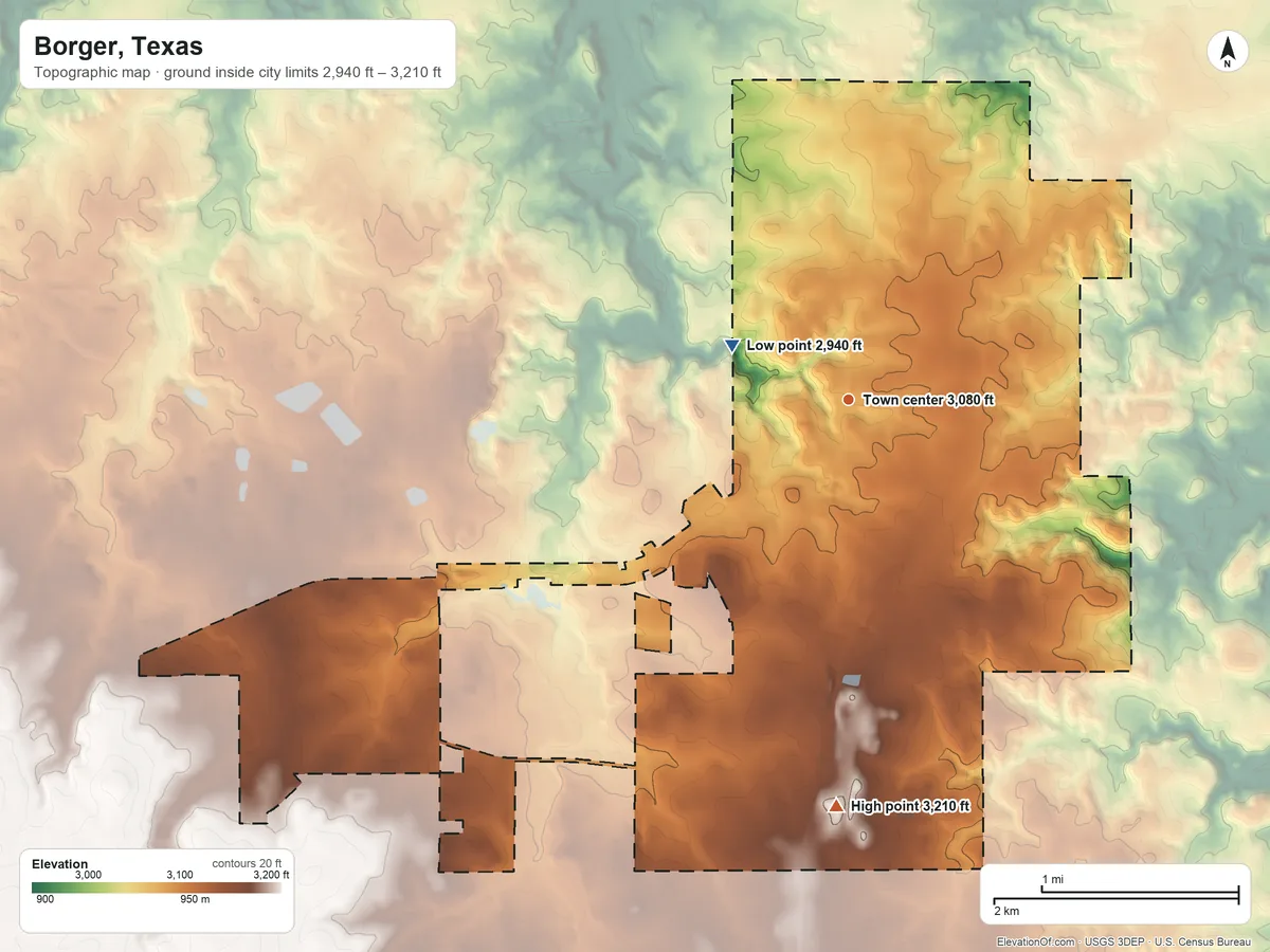 Topographic elevation map of Borger, Texas, shaded from 2,940 ft on the northwest side to 3,210 ft on the south side