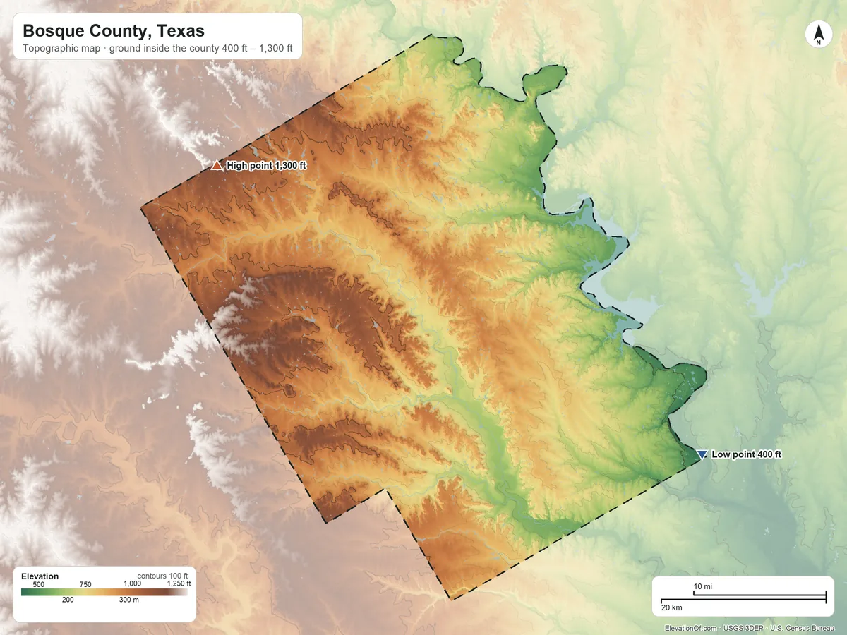 Topographic elevation map of Bosque County, Texas, shaded from 400 ft on the southeast side to 1,300 ft on the northwest side