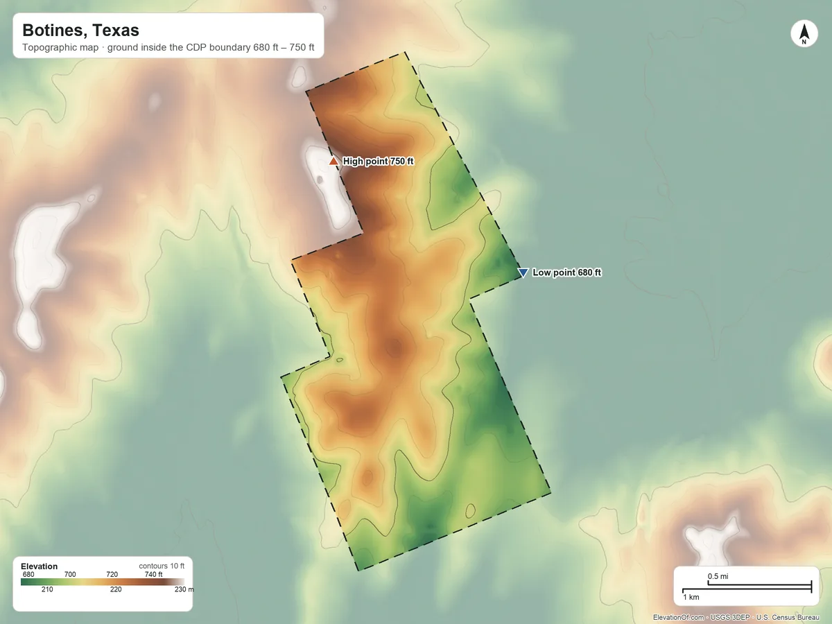 Topographic elevation map of Botines, Texas, shaded from 680 ft on the east side to 750 ft on the north side