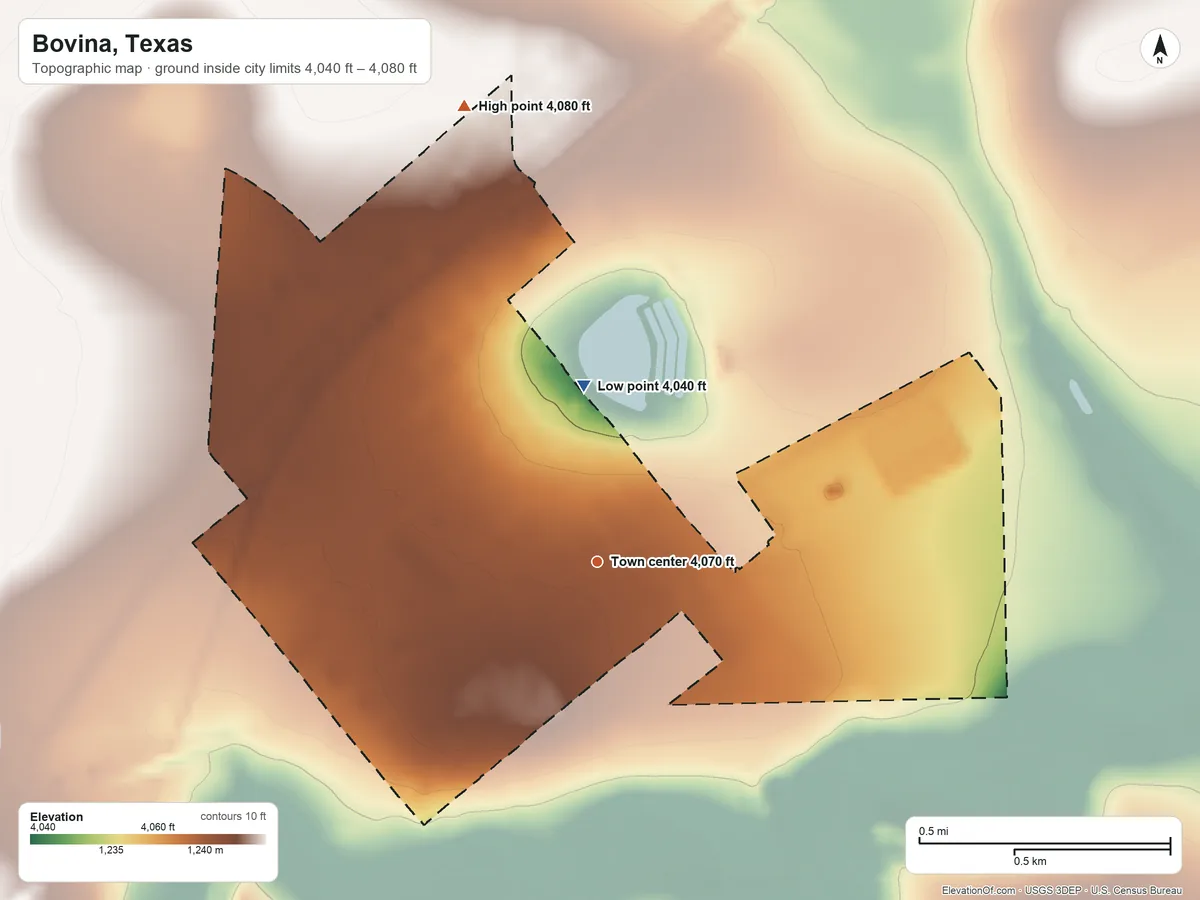 Topographic elevation map of Bovina, Texas, shaded from 4,040 ft on the north side to 4,080 ft on the north side