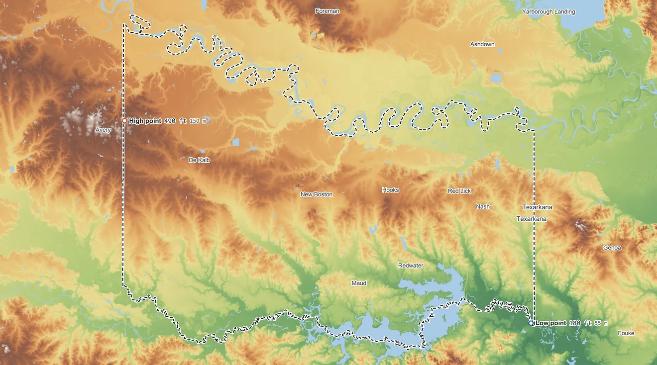 Topographic elevation map of Bowie County, Texas, shaded from 180 ft on the southeast side to 490 ft on the west side