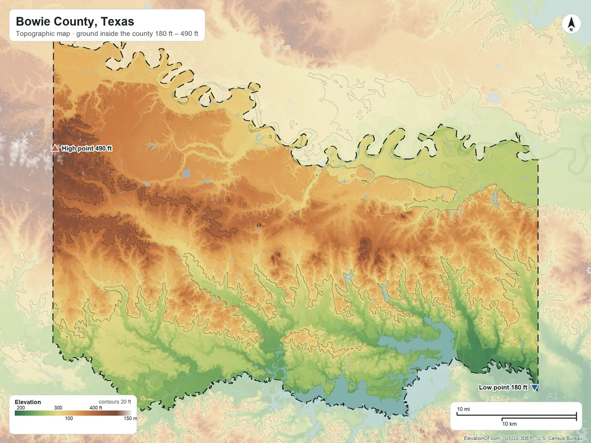 Topographic elevation map of Bowie County, Texas, shaded from 180 ft on the southeast side to 490 ft on the west side