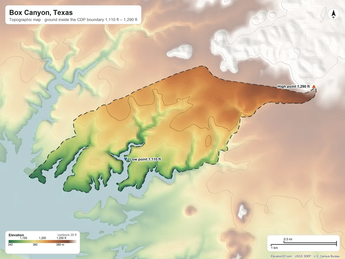Topographic elevation map of Box Canyon, Texas, shaded from 1,110 ft near the middle to 1,290 ft on the east side