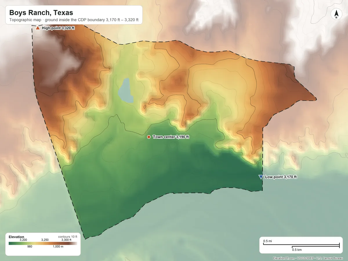 Topographic elevation map of Boys Ranch, Texas, shaded from 3,170 ft on the east side to 3,320 ft on the northwest side