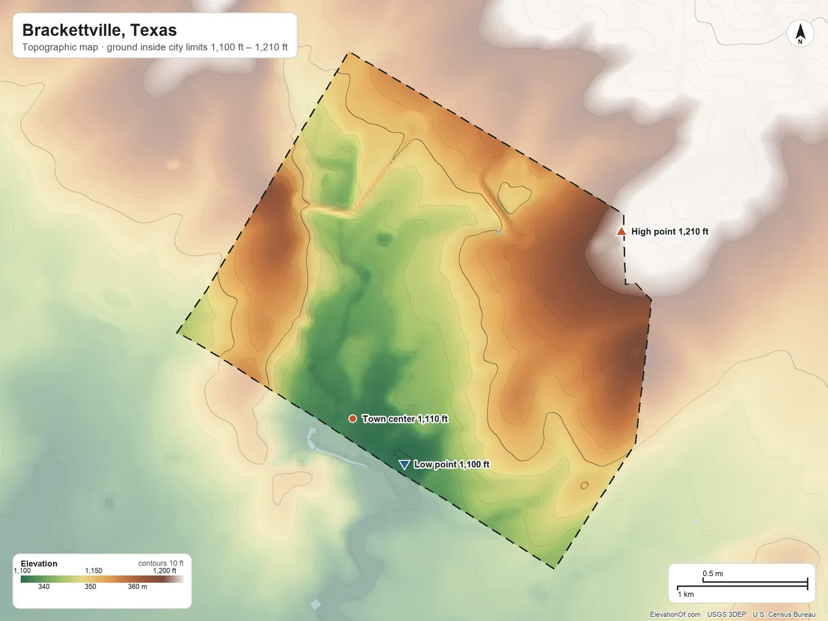 Topographic elevation map of Brackettville, Texas, shaded from 1,100 ft near the middle to 1,210 ft on the northeast side