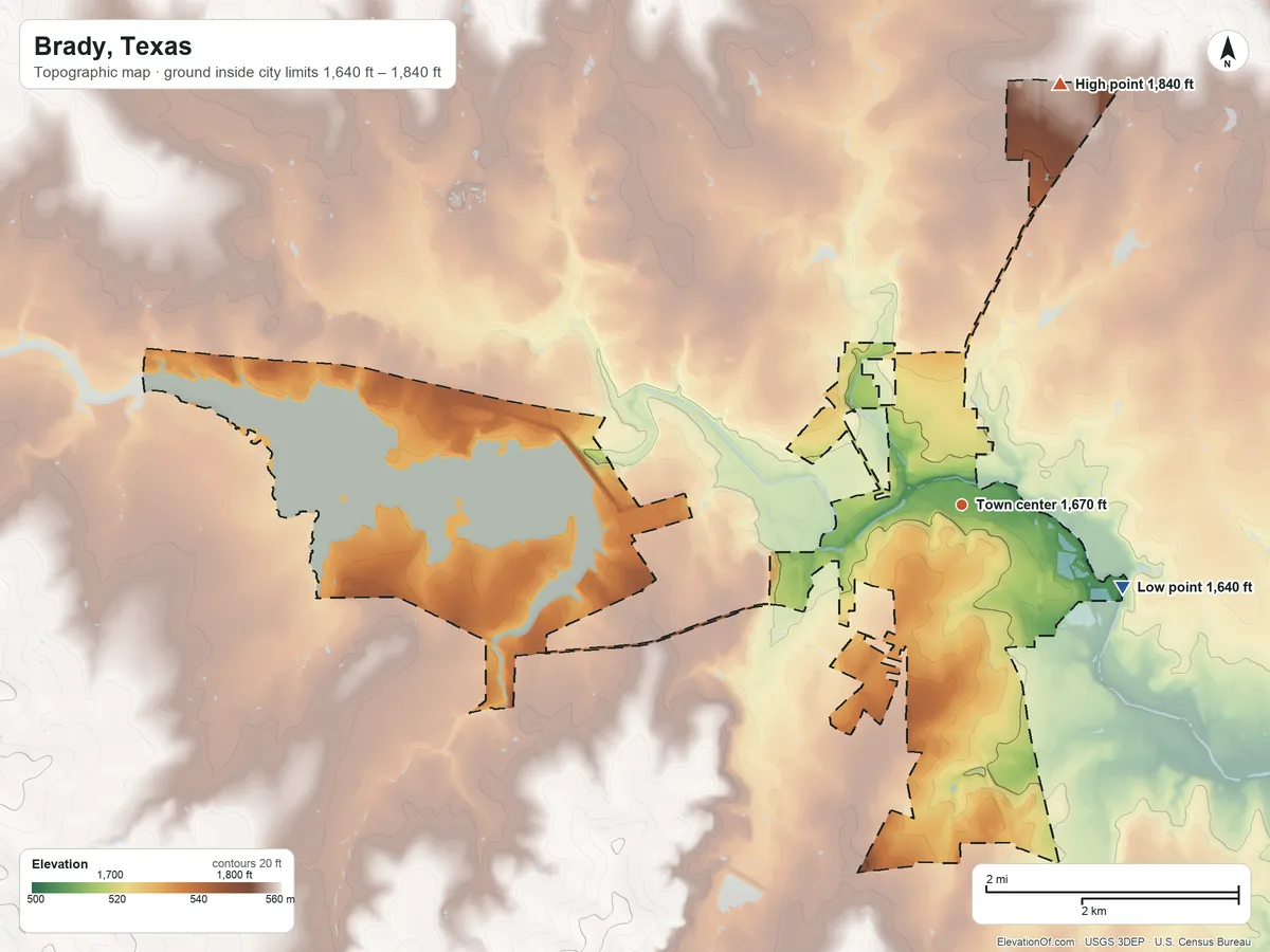 Topographic elevation map of Brady, Texas, shaded from 1,640 ft on the southeast side to 1,840 ft on the north side