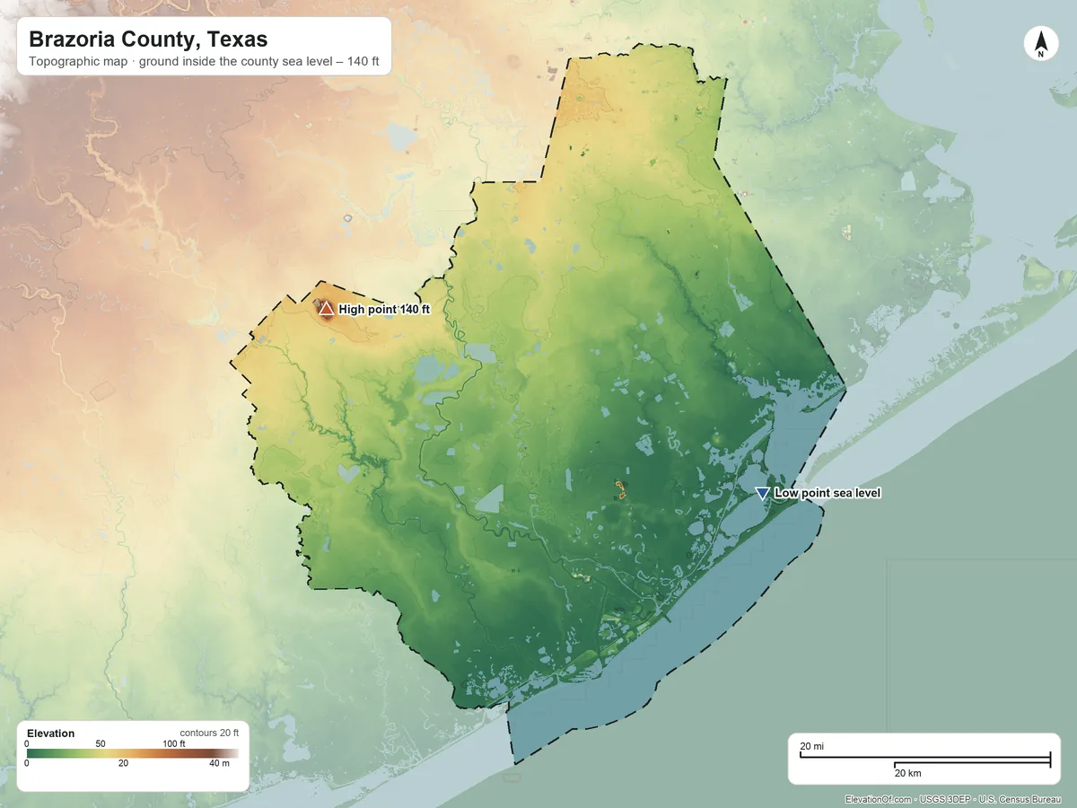 Topographic elevation map of Brazoria County, Texas, shaded from sea level on Bastrop Bay to 140 ft on Damon Mound