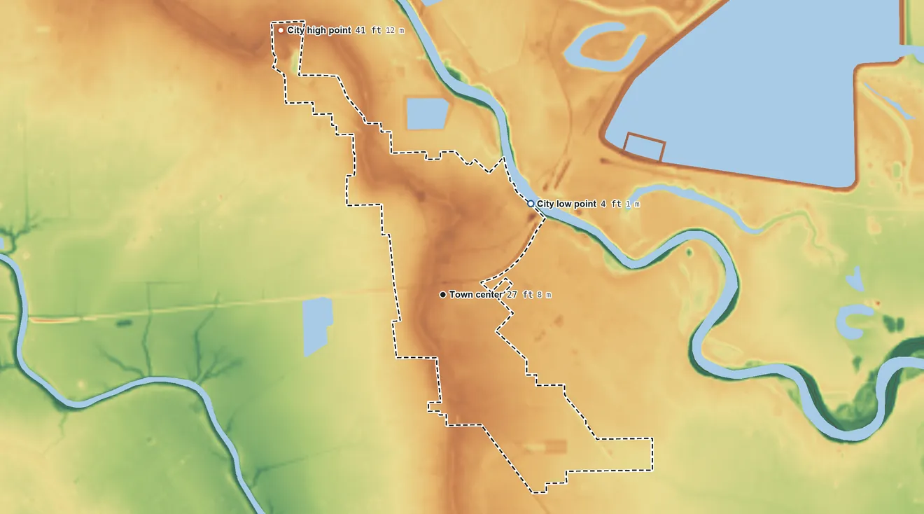 Topographic elevation map of Brazoria, Texas, shaded from 4 ft on the northeast side to 41 ft on the northwest side
