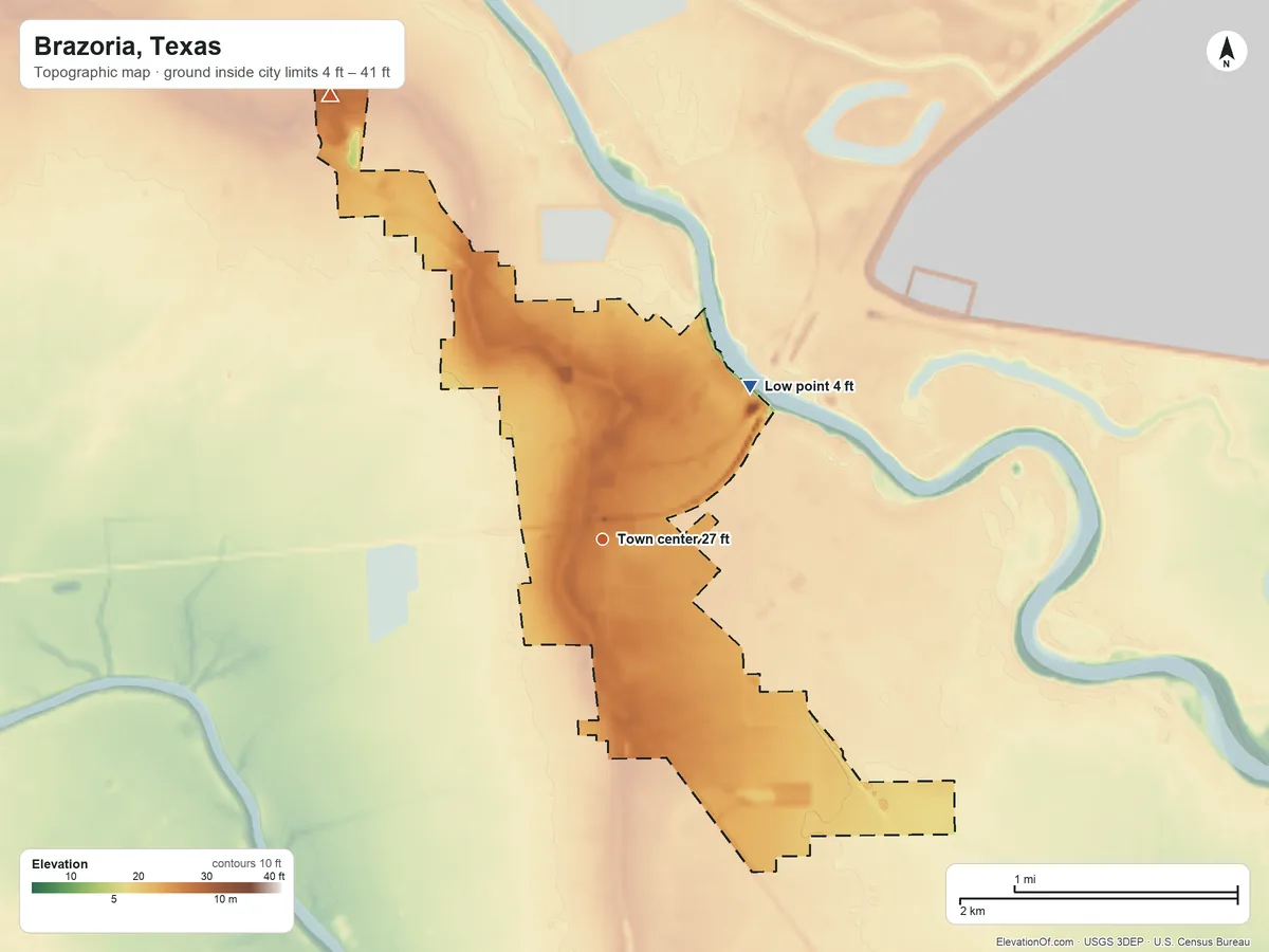 Topographic elevation map of Brazoria, Texas, shaded from 4 ft on the northeast side to 41 ft on the northwest side