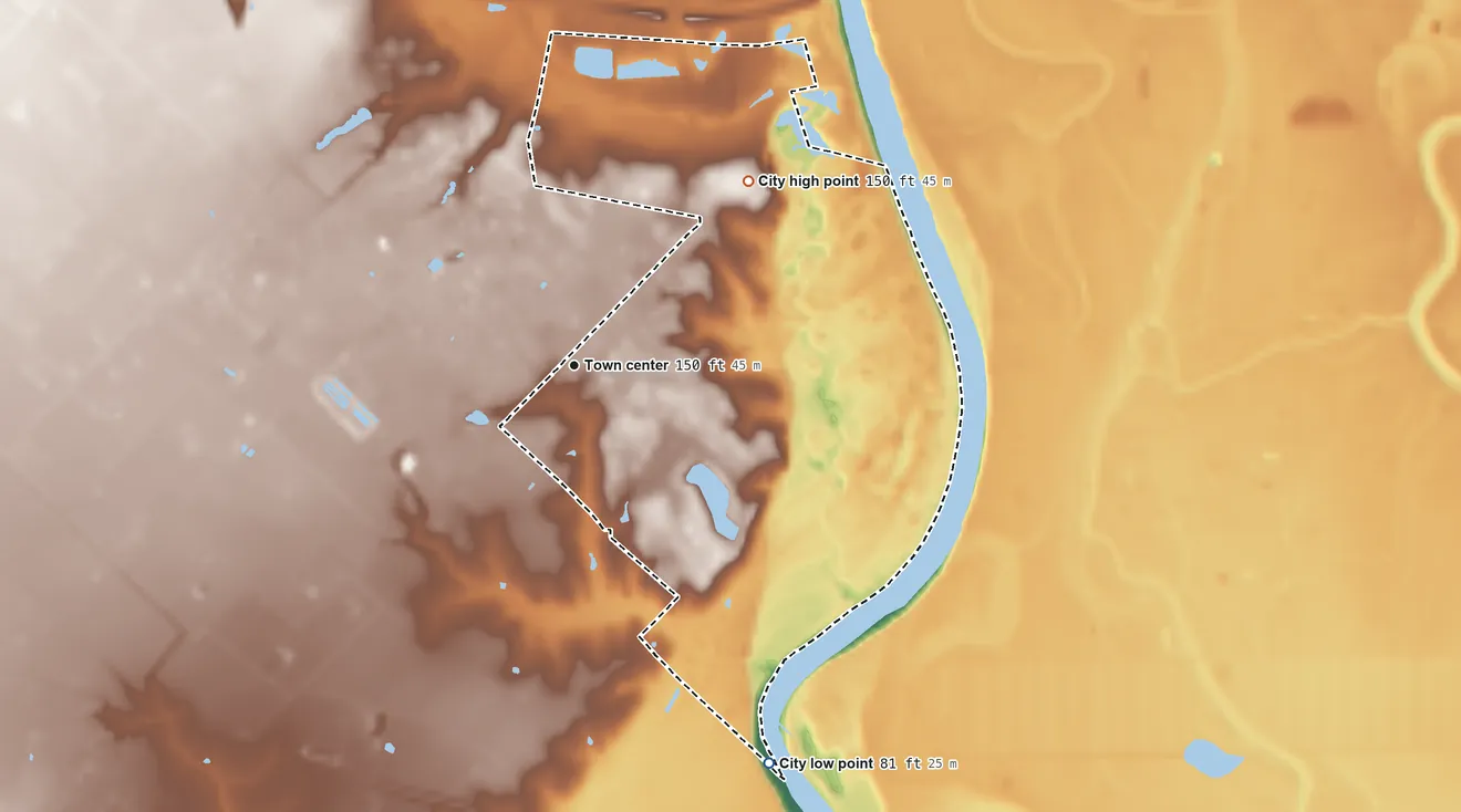 Topographic elevation map of Brazos Country, Texas, shaded from 81 ft on the southeast side to 150 ft on the northeast side