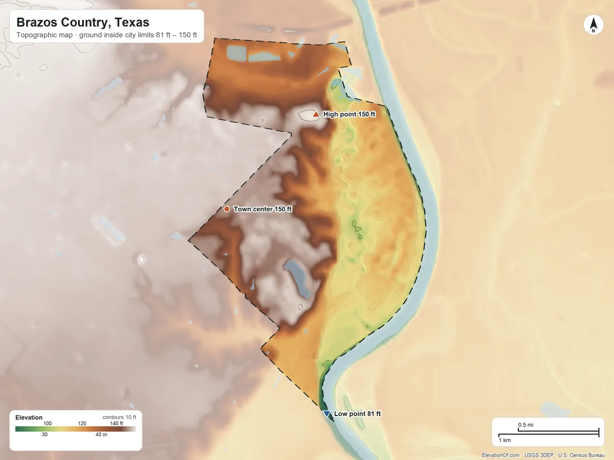 Topographic elevation map of Brazos Country, Texas, shaded from 81 ft on the southeast side to 150 ft on the northeast side