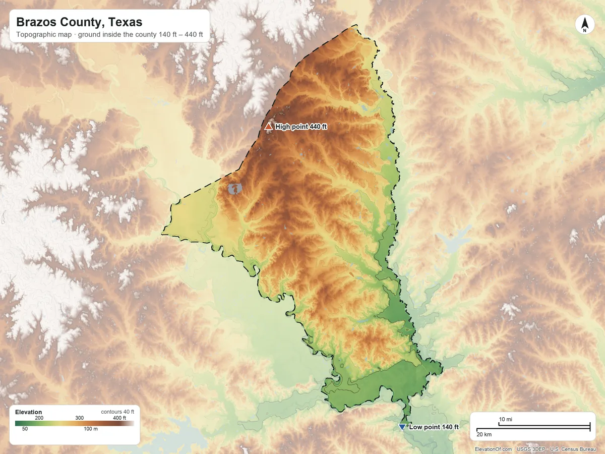 Topographic elevation map of Brazos County, Texas, shaded from 140 ft on the southeast side to 440 ft on the north side