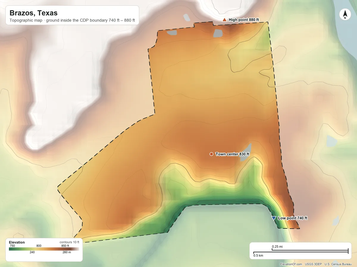 Topographic elevation map of Brazos, Texas, shaded from 740 ft on the southeast side to 880 ft on the north side