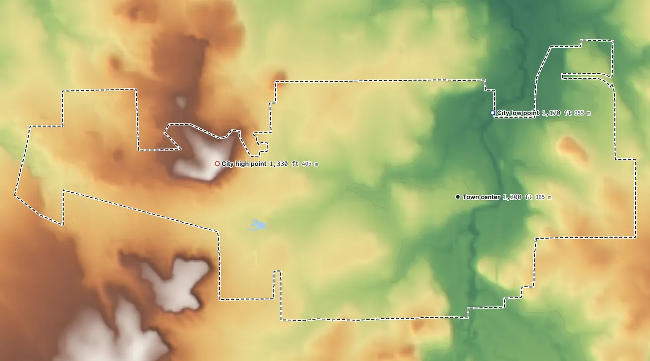 Topographic elevation map of Breckenridge, Texas, shaded from 1,170 ft on the north side to 1,330 ft on the west side