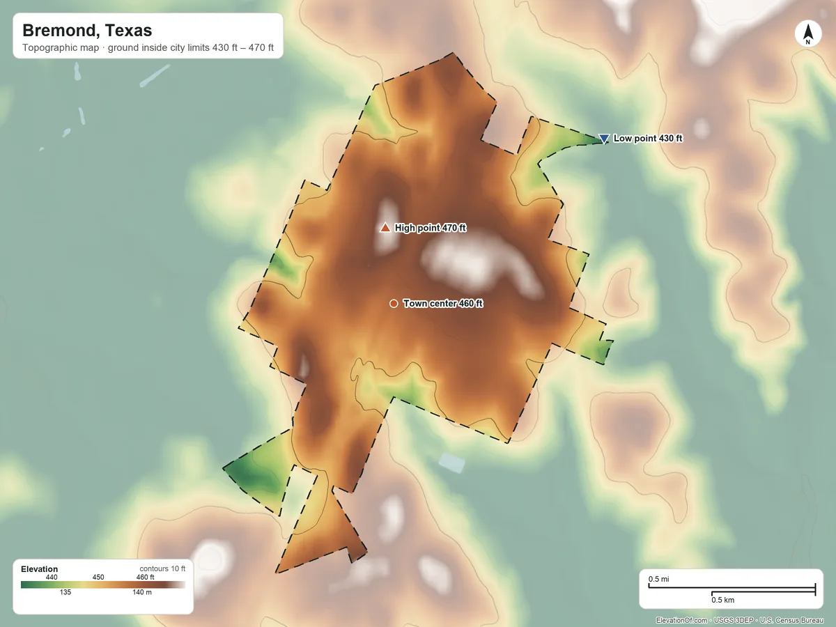 Topographic elevation map of Bremond, Texas, shaded from 430 ft on the northeast side to 470 ft on the north side