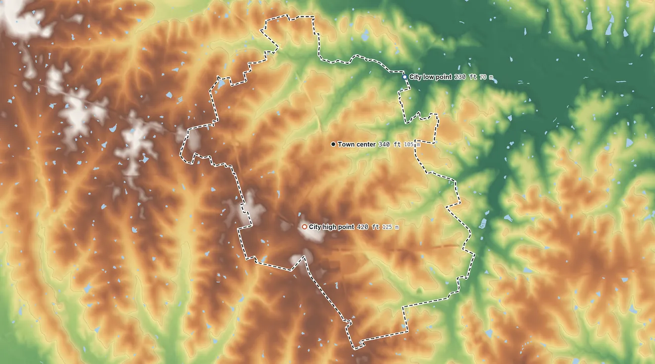 Topographic elevation map of Brenham, Texas, shaded from 230 ft on the northeast side to 420 ft on the south side