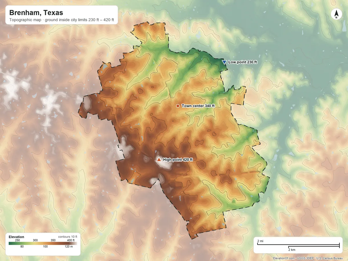 Topographic elevation map of Brenham, Texas, shaded from 230 ft on the northeast side to 420 ft on the south side