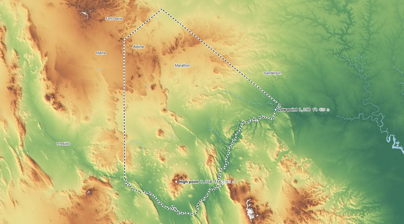 Topographic elevation map of Brewster County, Texas, shaded from 1,390 ft on the east side to 7,760 ft on Emory Peak