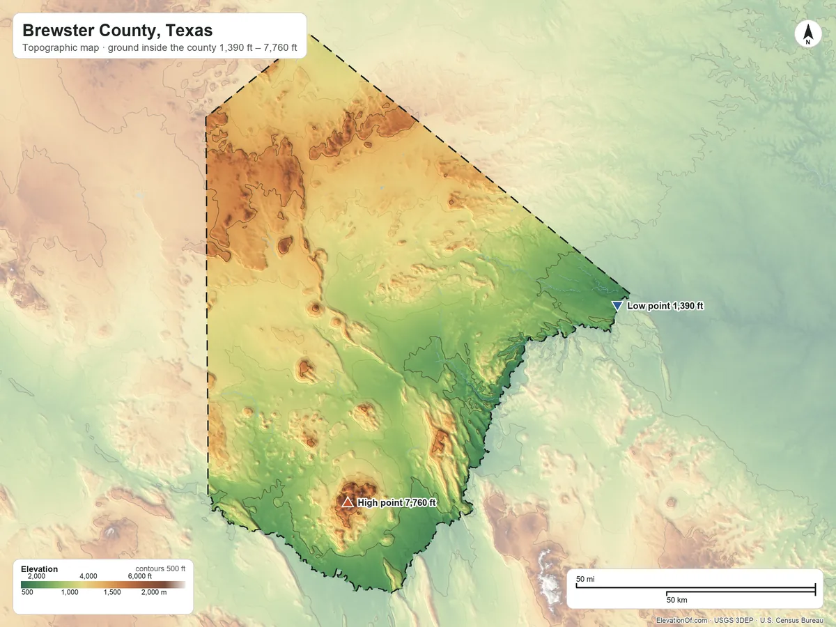 Topographic elevation map of Brewster County, Texas, shaded from 1,390 ft on the east side to 7,760 ft on Emory Peak
