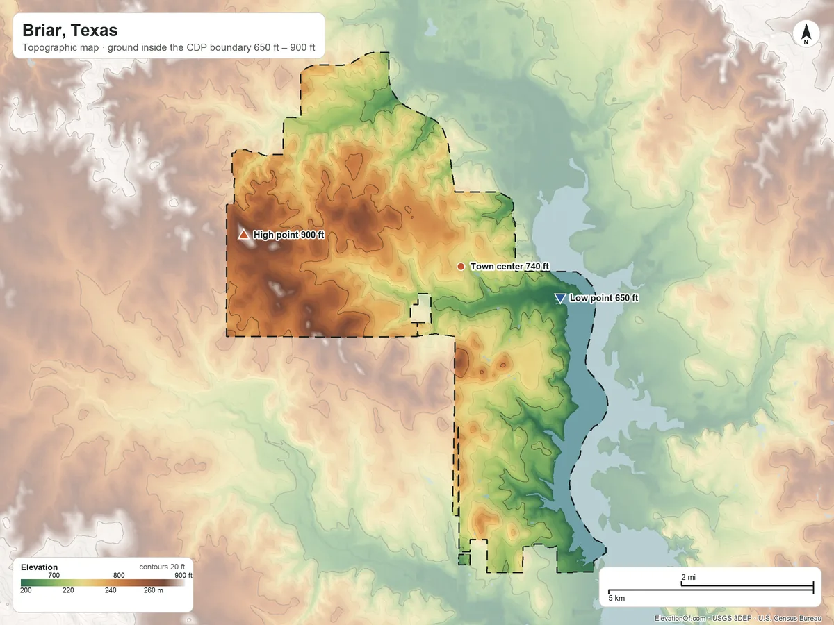 Topographic elevation map of Briar, Texas, shaded from 650 ft on the east side to 900 ft on the west side