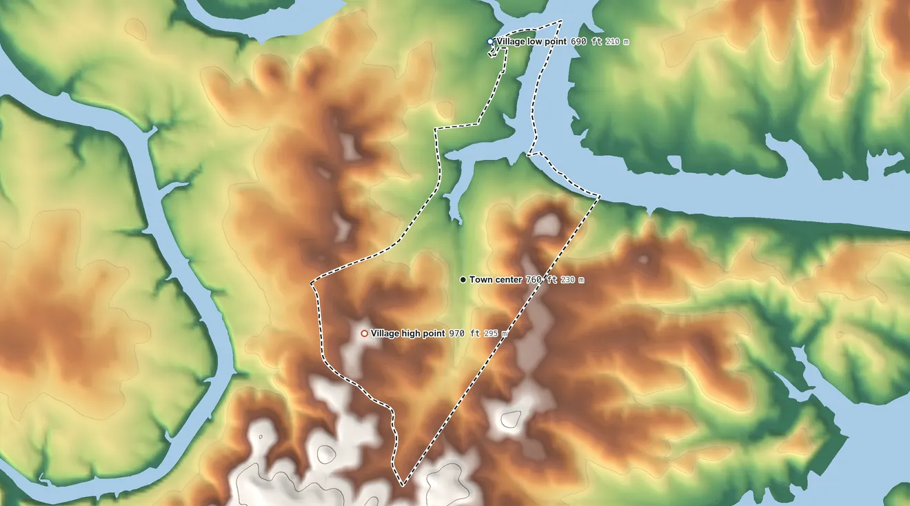 Topographic elevation map of Briarcliff, Texas, shaded from 690 ft on the north side to 970 ft on the southwest side
