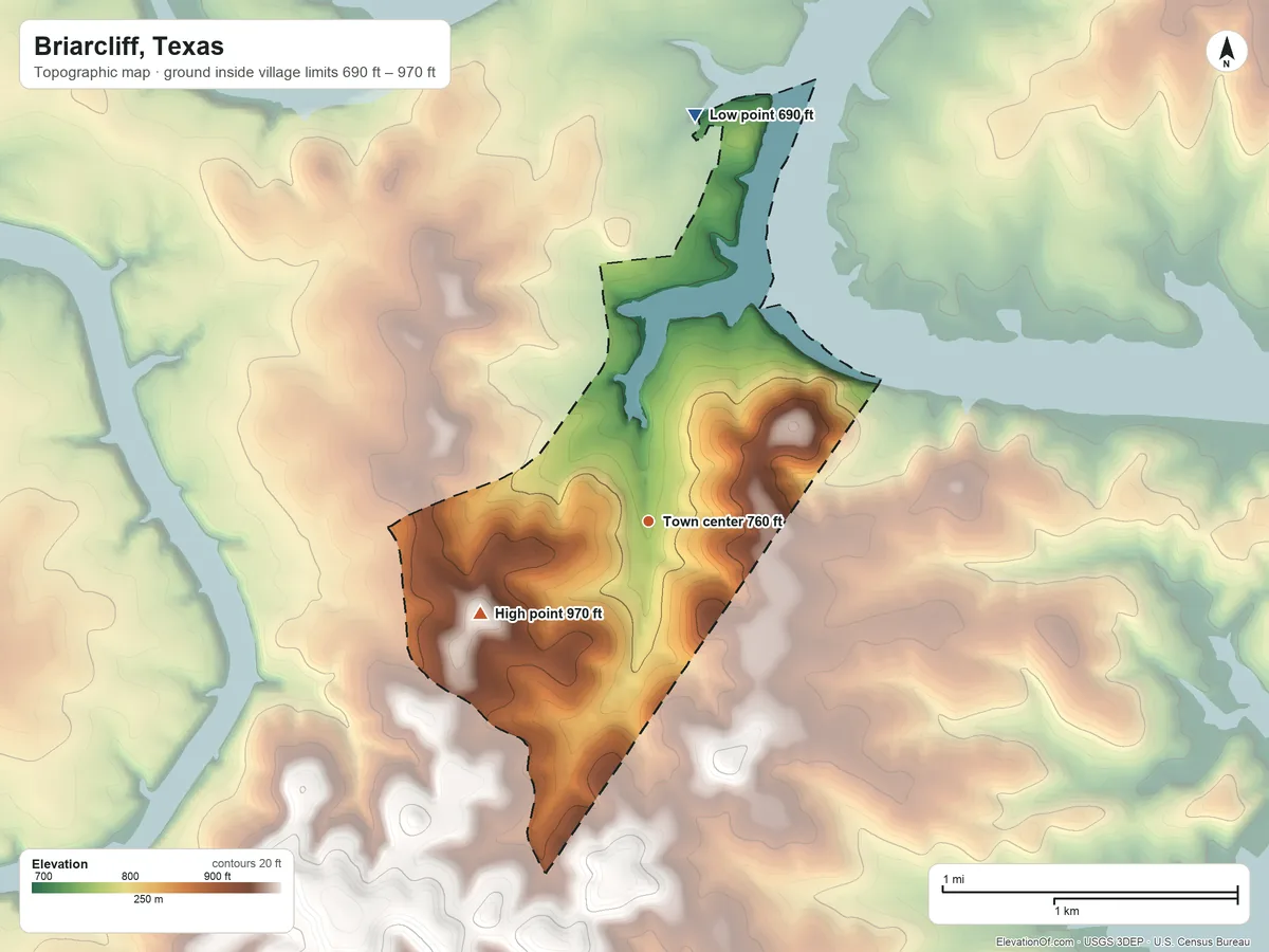 Topographic elevation map of Briarcliff, Texas, shaded from 690 ft on the north side to 970 ft on the southwest side