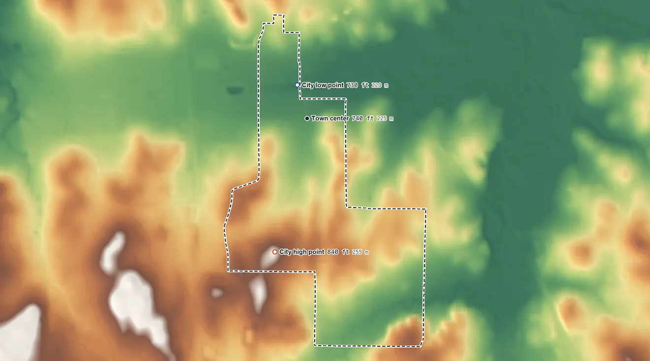 Topographic elevation map of Briaroaks, Texas, shaded from 730 ft near the middle to 840 ft on the south side