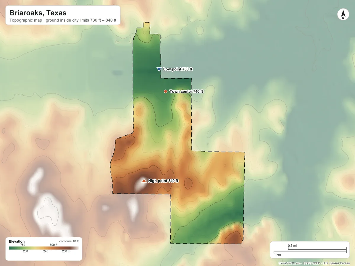 Topographic elevation map of Briaroaks, Texas, shaded from 730 ft near the middle to 840 ft on the south side