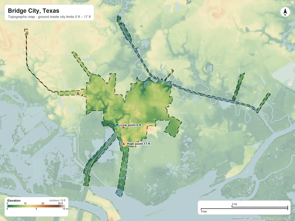 Topographic elevation map of Bridge City, Texas, shaded from 0 ft near the middle to 17 ft near the middle