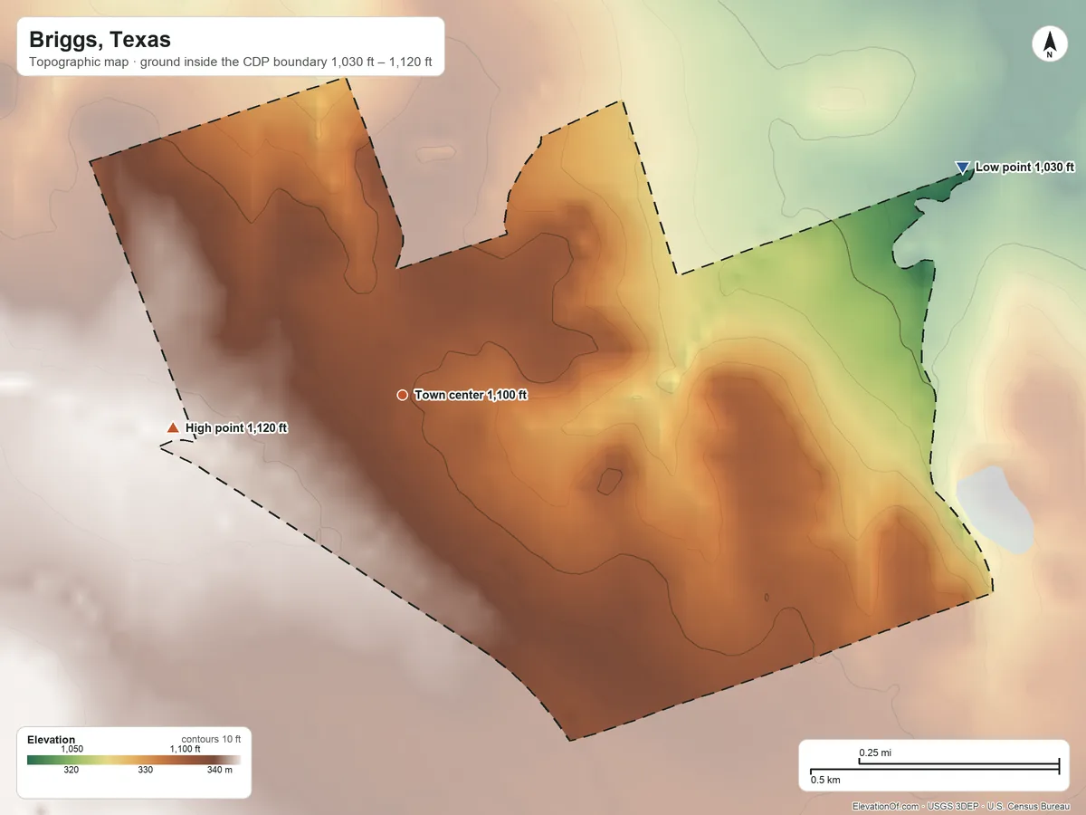 Topographic elevation map of Briggs, Texas, shaded from 1,030 ft on the east side to 1,120 ft on the west side