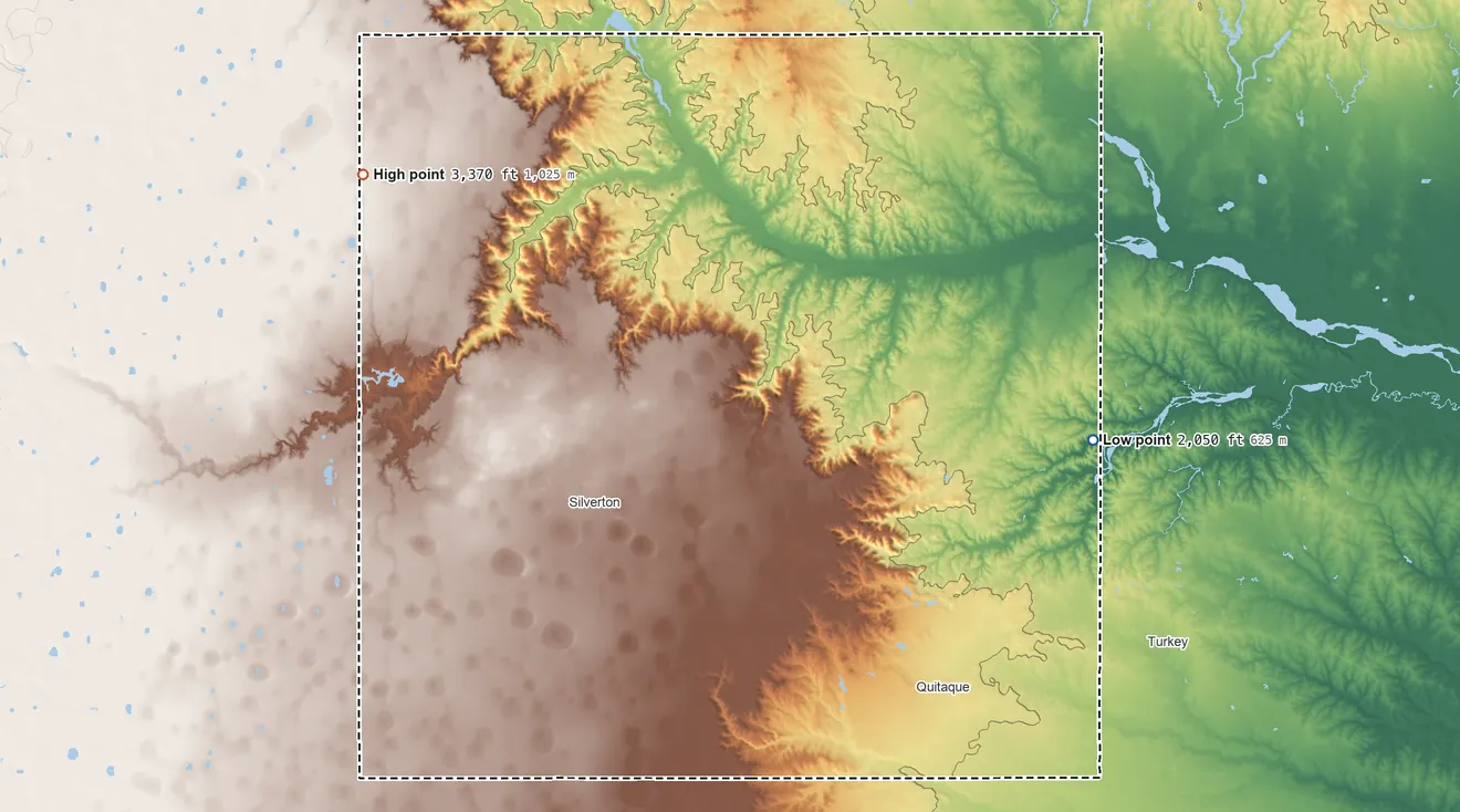 Topographic elevation map of Briscoe County, Texas, shaded from 2,050 ft on the east side to 3,370 ft on the northwest side