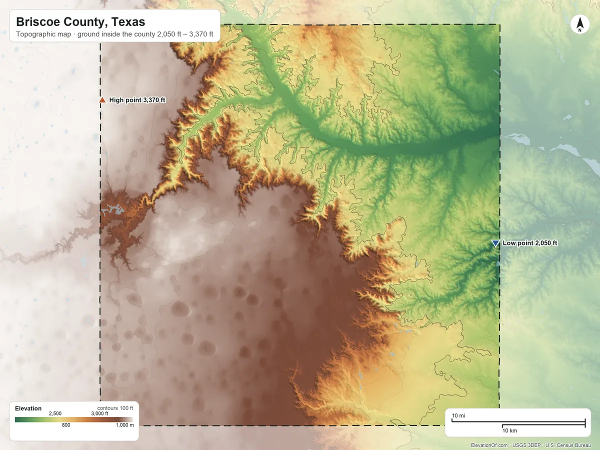 Topographic elevation map of Briscoe County, Texas, shaded from 2,050 ft on the east side to 3,370 ft on the northwest side