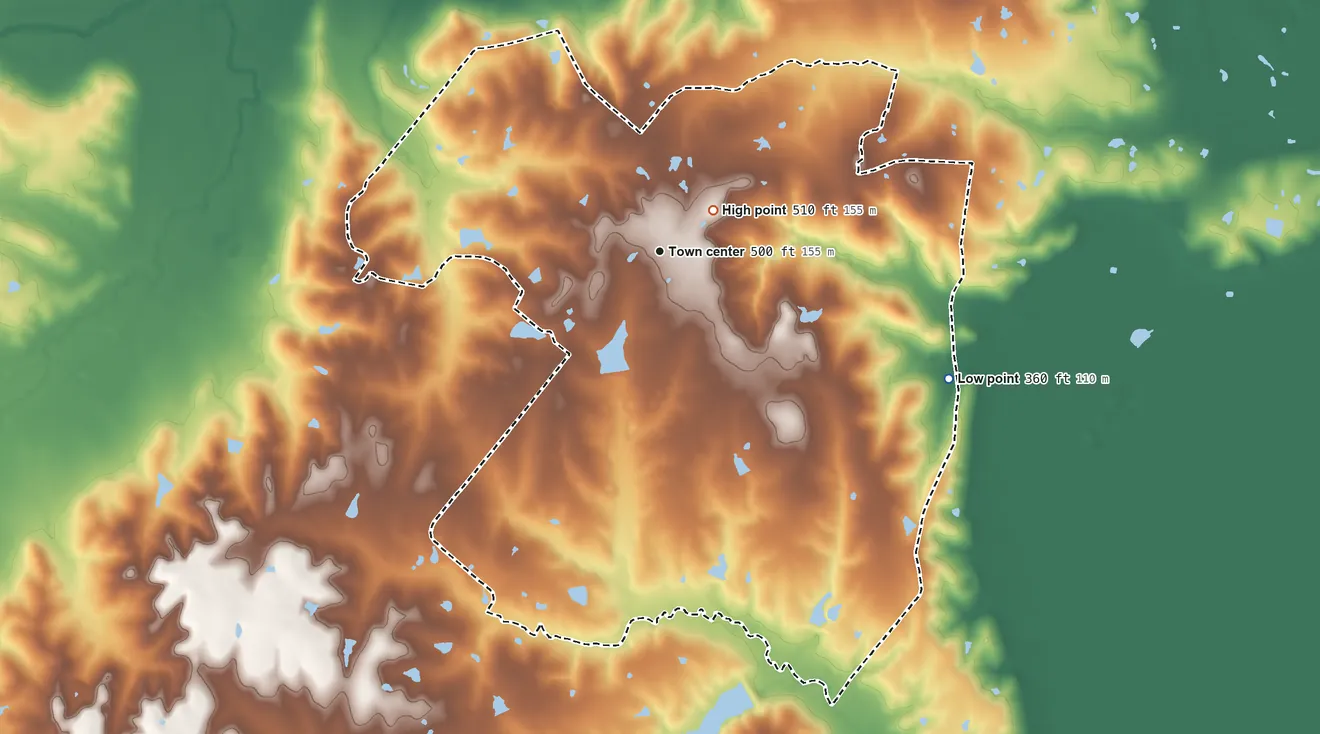 Topographic elevation map of Bristol, Texas, shaded from 360 ft on the southeast side to 510 ft near the middle
