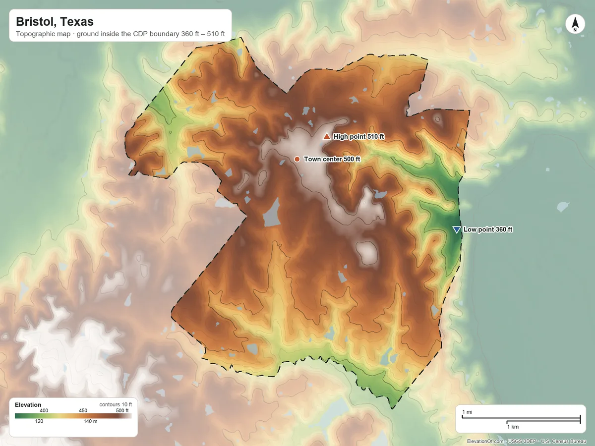 Topographic elevation map of Bristol, Texas, shaded from 360 ft on the southeast side to 510 ft near the middle