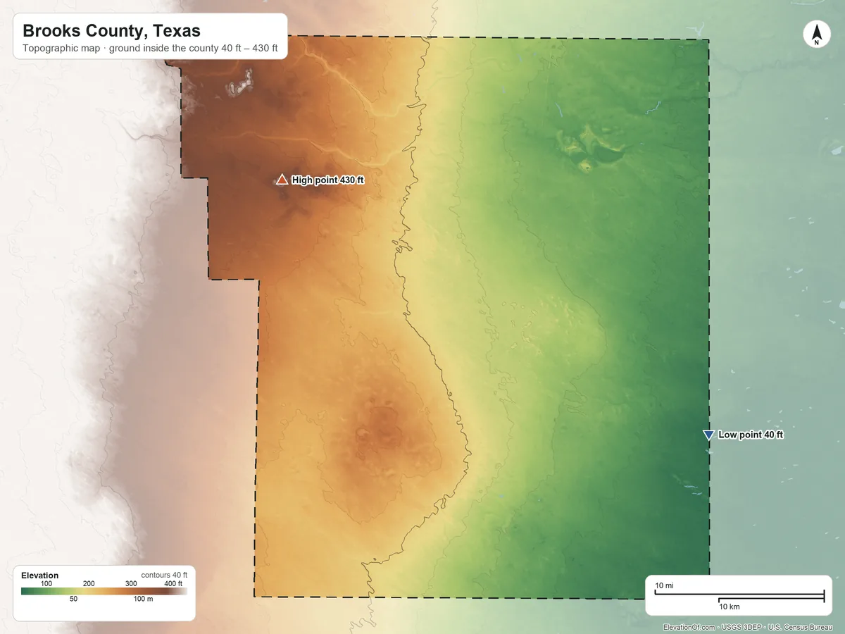 Topographic elevation map of Brooks County, Texas, shaded from 40 ft on the east side to 430 ft on the northwest side