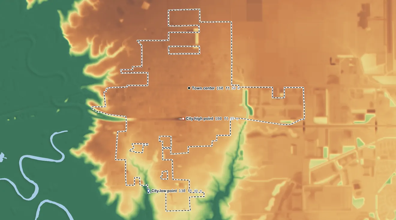 Topographic elevation map of Brookshire, Texas, shaded from 130 ft on the south side to 180 ft on the south side