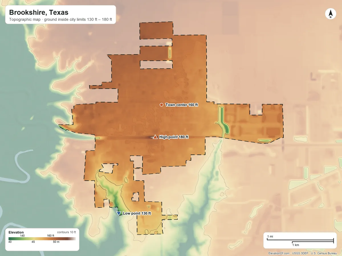 Topographic elevation map of Brookshire, Texas, shaded from 130 ft on the south side to 180 ft on the south side