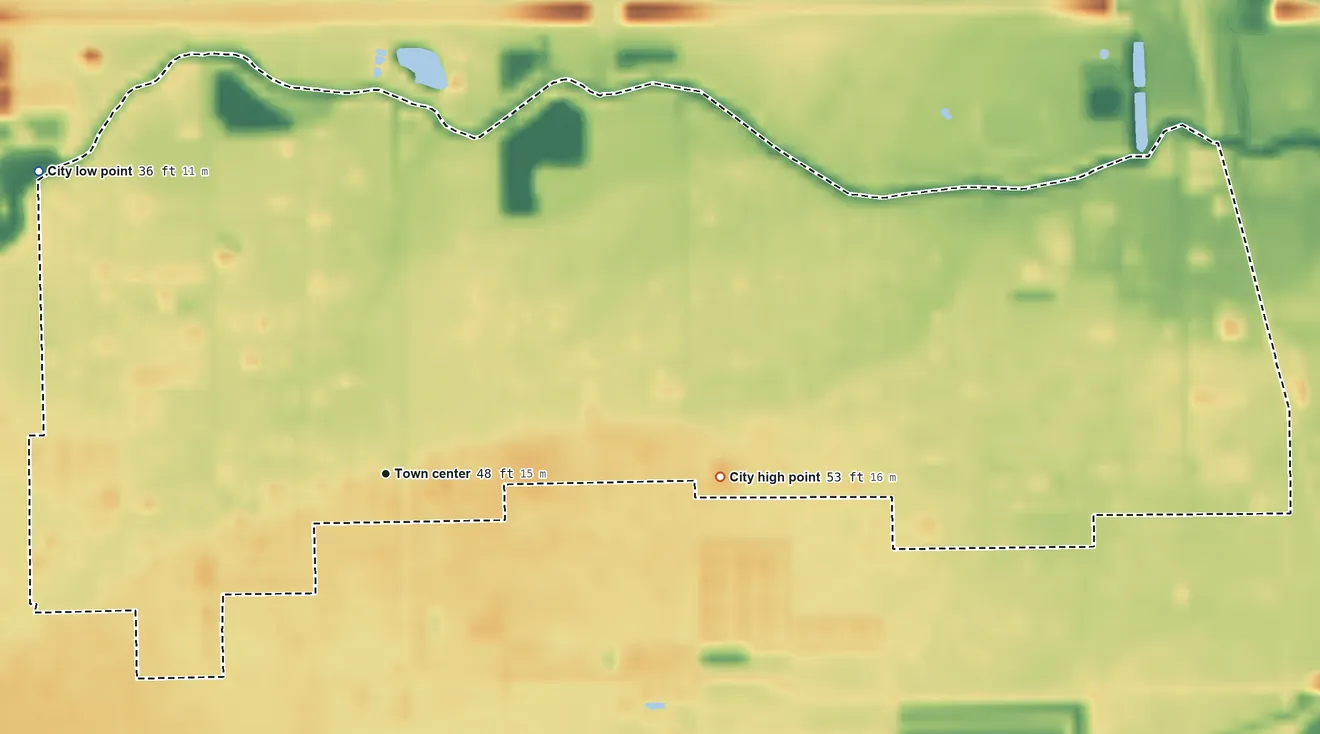 Topographic elevation map of Brookside Village, Texas, shaded from 36 ft on the northwest side to 53 ft on the east side