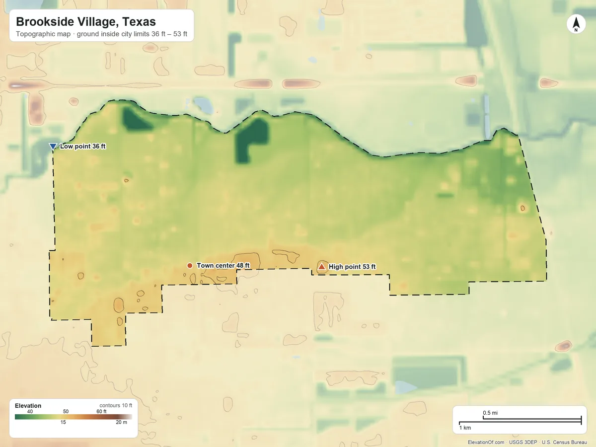 Topographic elevation map of Brookside Village, Texas, shaded from 36 ft on the northwest side to 53 ft on the east side