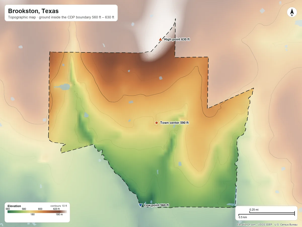 Topographic elevation map of Brookston, Texas, shaded from 560 ft on the south side to 630 ft on the north side